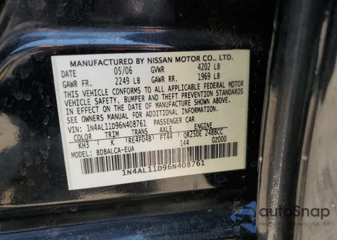 2006 Nissan Altima S from USA, damaged, VIN 1N4AL11D96N408761